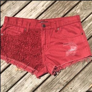 Forever 21 dark red distressed shorts lace…